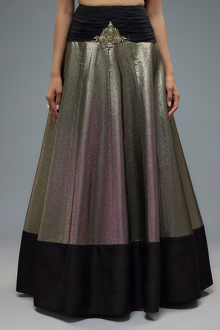 Black & Gold Raw Silk Patchwork Wedding Lehenga Set by Rocky Star at Pernia's Pop Up Shop