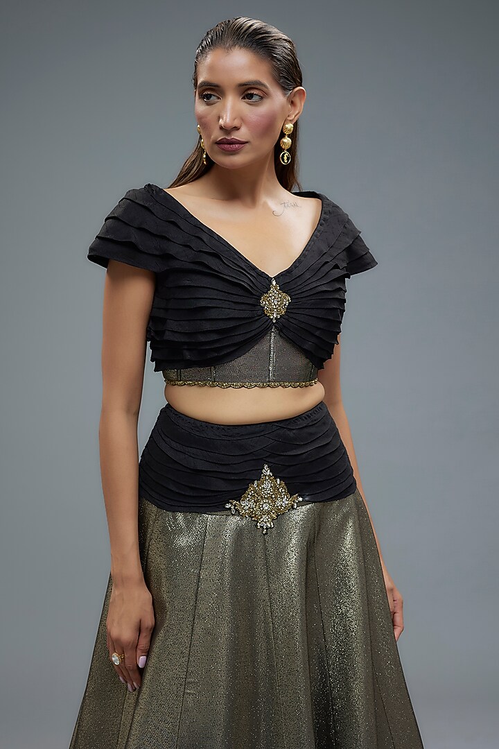 Black & Gold Raw Silk Patchwork Wedding Lehenga Set by Rocky Star at Pernia's Pop Up Shop