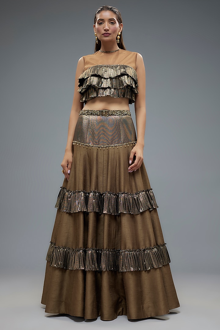 Olive Green Raw Silk Patchwork Wedding Lehenga Set by Rocky Star at Pernia's Pop Up Shop