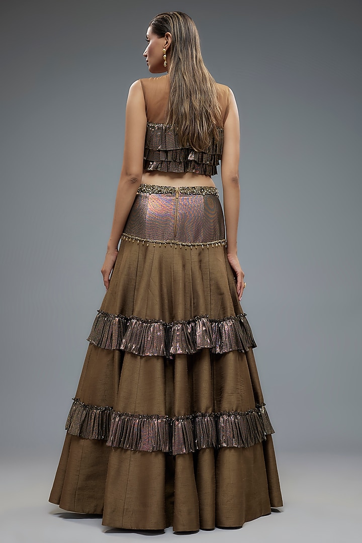 Olive Green Raw Silk Patchwork Wedding Lehenga Set by Rocky Star at Pernia's Pop Up Shop