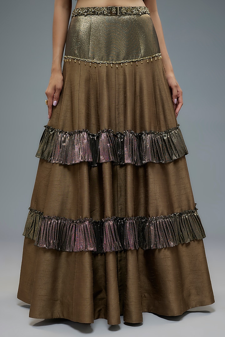 Olive Green Raw Silk Patchwork Wedding Lehenga Set by Rocky Star at Pernia's Pop Up Shop