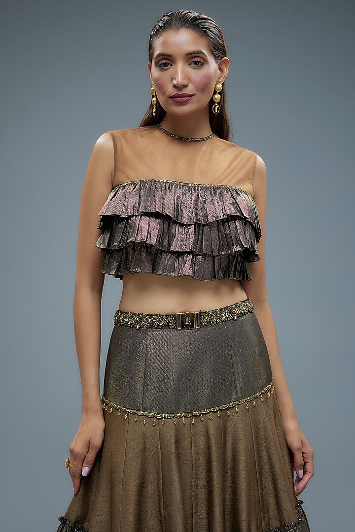 Olive Green Raw Silk Patchwork Wedding Lehenga Set by Rocky Star at Pernia's Pop Up Shop