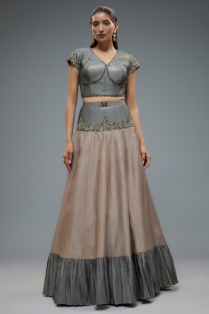 Grey Poly Lurex & Raw Silk Patchwork Wedding Lehenga Set by Rocky Star at Pernia's Pop Up Shop