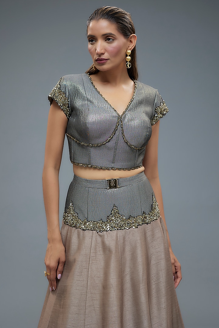 Grey Poly Lurex & Raw Silk Patchwork Wedding Lehenga Set by Rocky Star at Pernia's Pop Up Shop