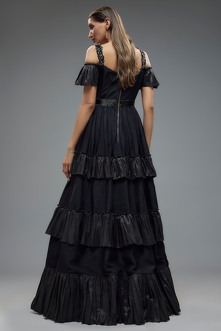 Black Poly Lurex & Raw Silk Flared Corset Wedding Gown by Rocky Star at Pernia's Pop Up Shop
