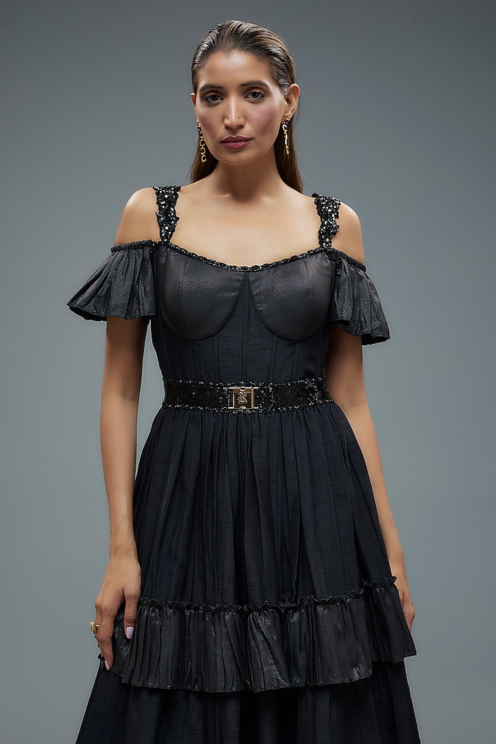 Black Poly Lurex & Raw Silk Flared Corset Wedding Gown by Rocky Star at Pernia's Pop Up Shop