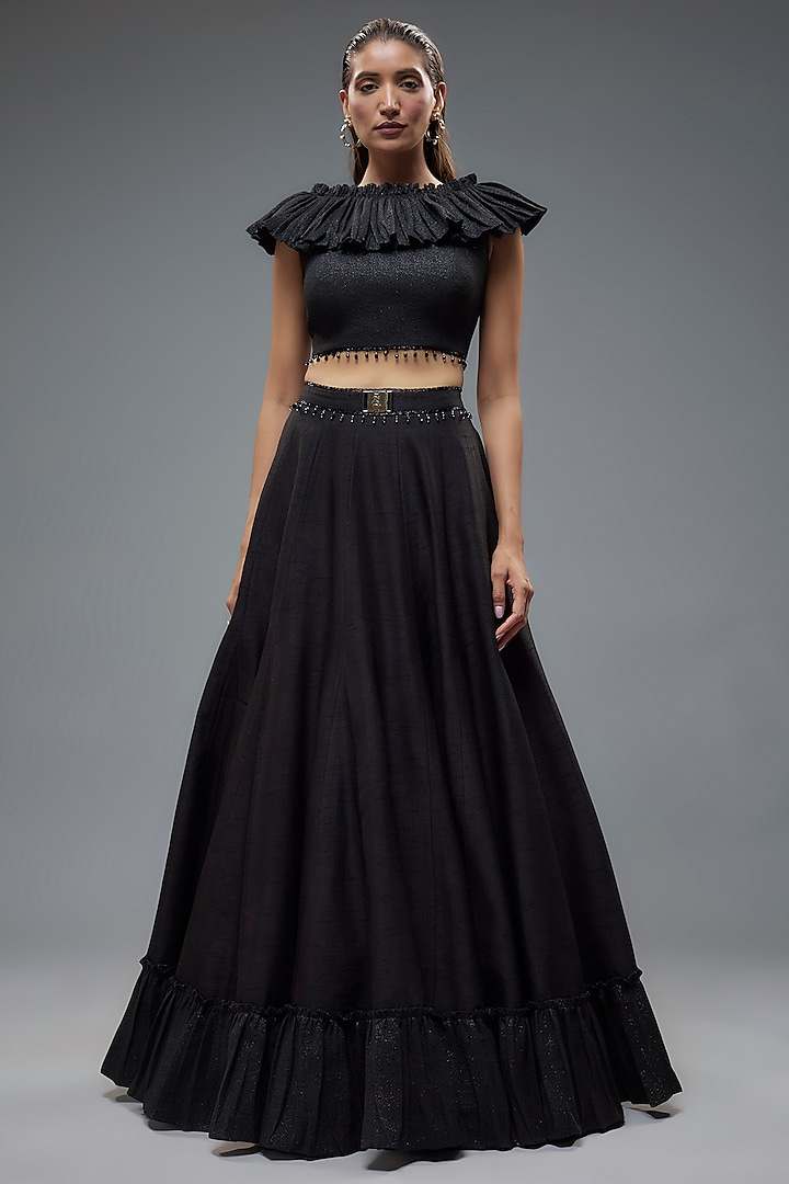 Black Polylurex & Raw Silk Frilled Wedding Lehenga Set by Rocky Star at Pernia's Pop Up Shop