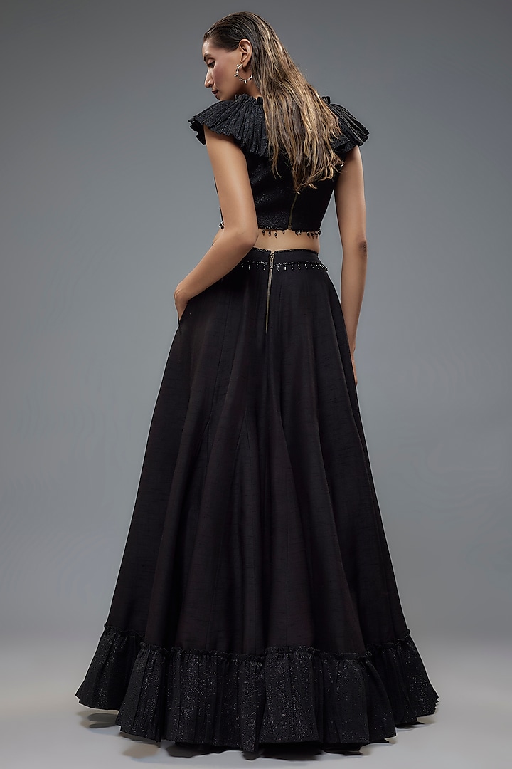 Black Polylurex & Raw Silk Frilled Wedding Lehenga Set by Rocky Star at Pernia's Pop Up Shop