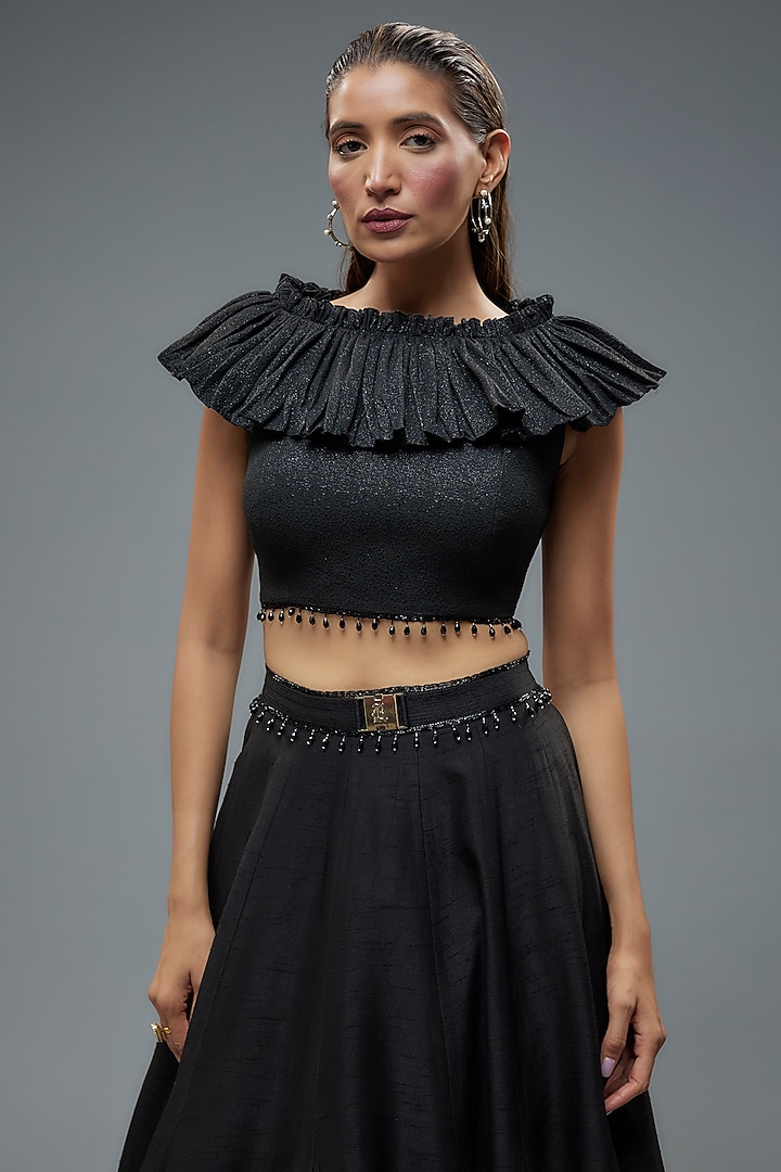 Black Polylurex & Raw Silk Frilled Wedding Lehenga Set by Rocky Star at Pernia's Pop Up Shop
