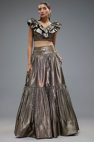 Gold Poly Lurex Lehenga Set by Rocky Star