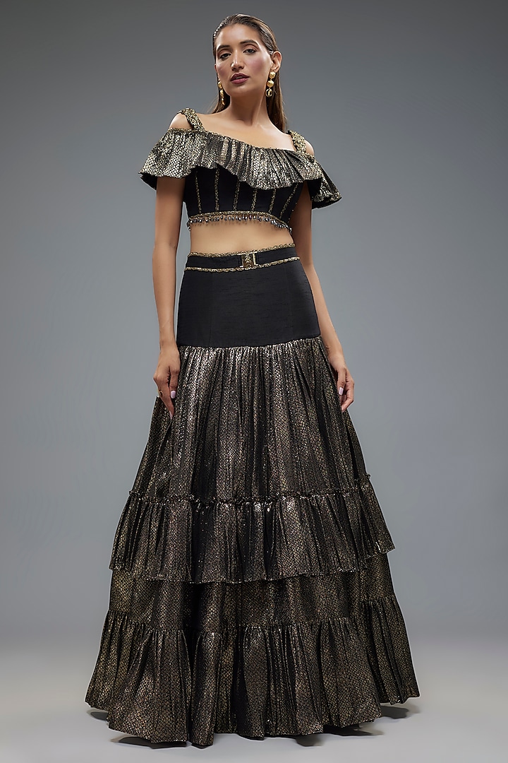 Black & Gold Poly Lurex Frilled Wedding Lehenga Set by Rocky Star at Pernia's Pop Up Shop