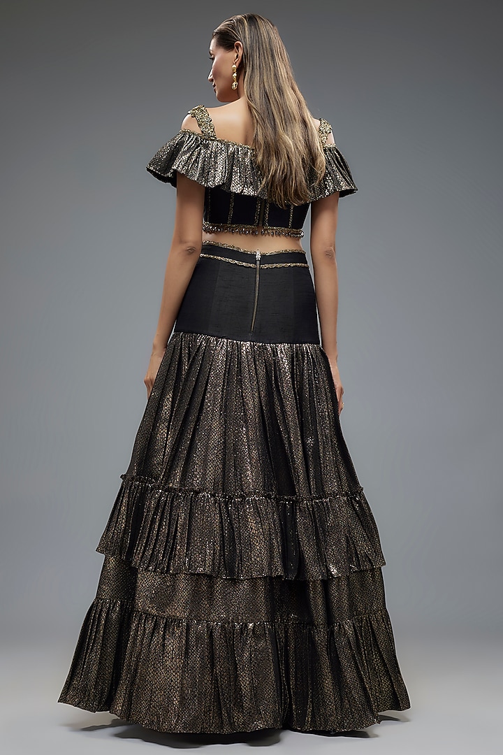 Black & Gold Poly Lurex Frilled Wedding Lehenga Set by Rocky Star at Pernia's Pop Up Shop