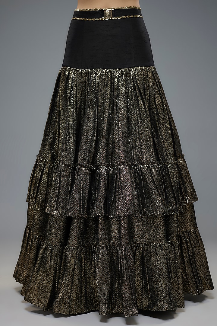 Black & Gold Poly Lurex Frilled Wedding Lehenga Set by Rocky Star at Pernia's Pop Up Shop