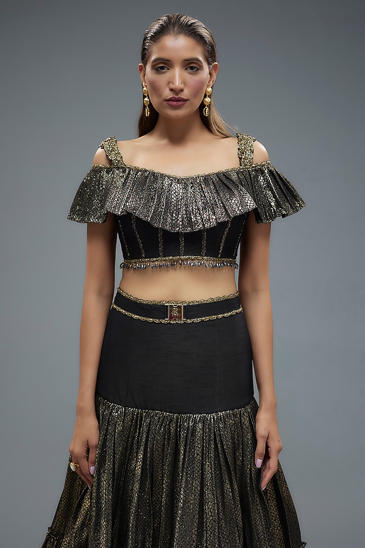 Black & Gold Poly Lurex Frilled Wedding Lehenga Set by Rocky Star at Pernia's Pop Up Shop