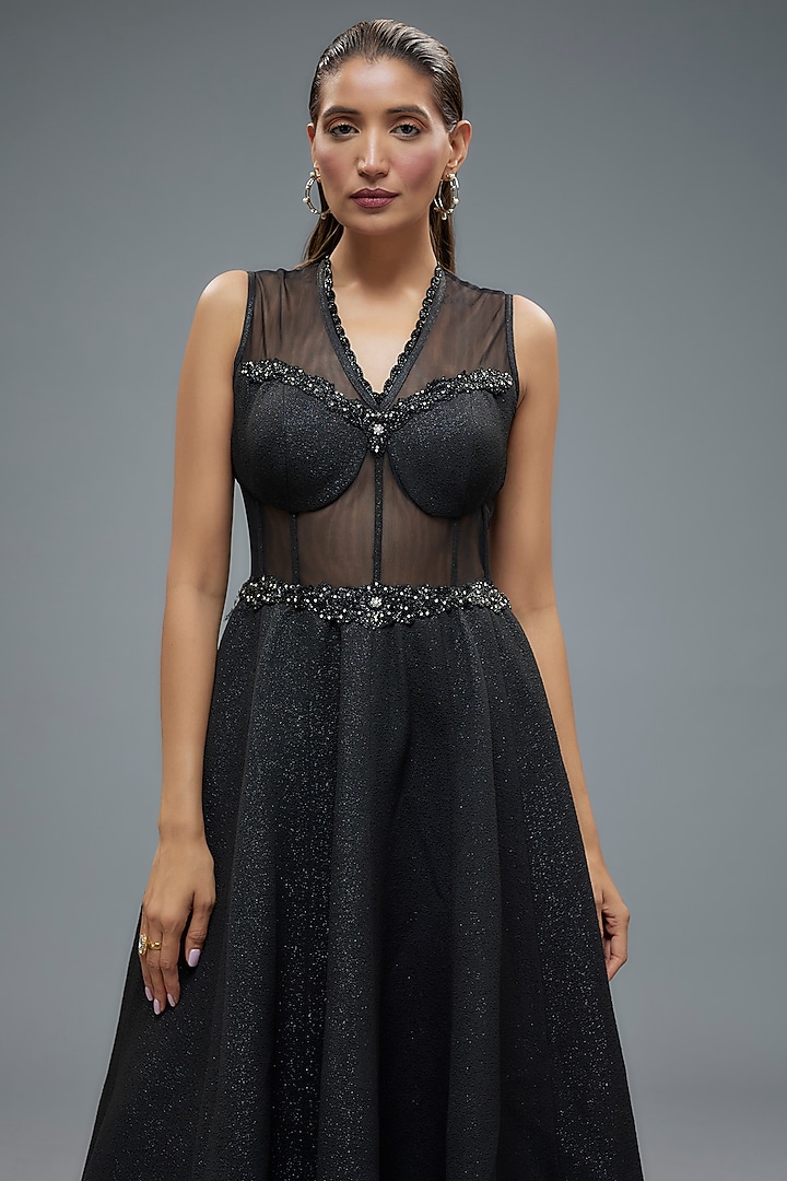 Black Poly Lurex & Net Patchwork Corset Wedding Gown by Rocky Star at Pernia's Pop Up Shop