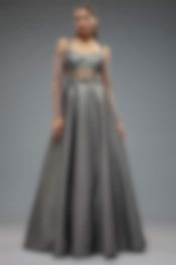 Grey Poly Lurex & Net Patchwork Gown by Rocky Star