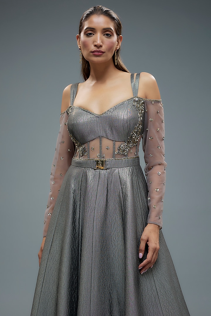 Grey Poly Lurex & Net Patchwork Wedding Gown by Rocky Star at Pernia's Pop Up Shop