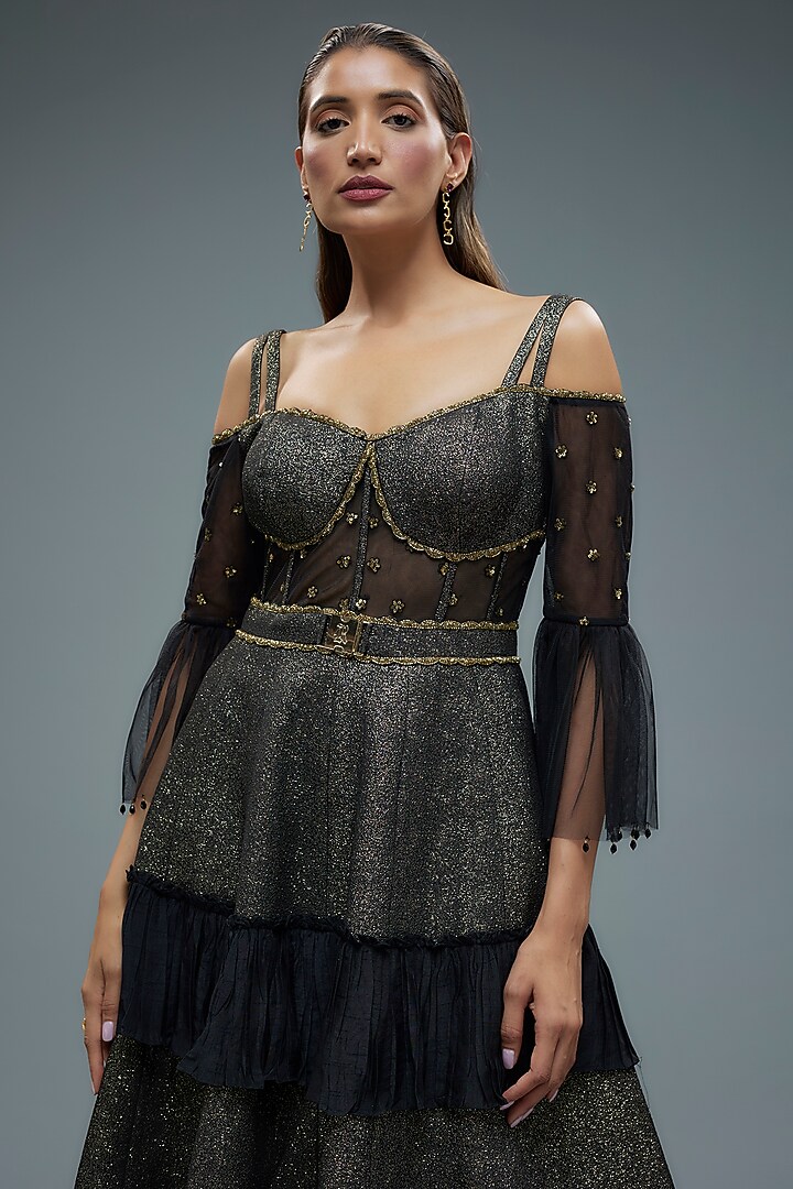 Black Poly Lurex & Net Frilled Wedding Gown by Rocky Star at Pernia's Pop Up Shop