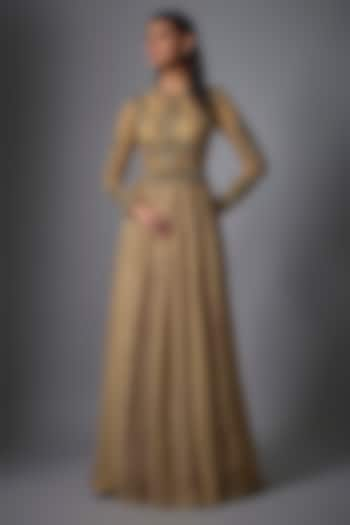 Gold Metallic Georgette Hand Embroidered Gown by Rocky Star at Pernia's Pop Up Shop