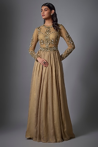 Gold Metallic Georgette Hand Embroidered Gown by Rocky Star
