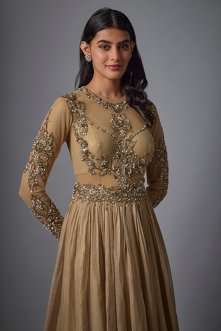 Gold Metallic Georgette Hand Embroidered Wedding Gown by Rocky Star at Pernia's Pop Up Shop