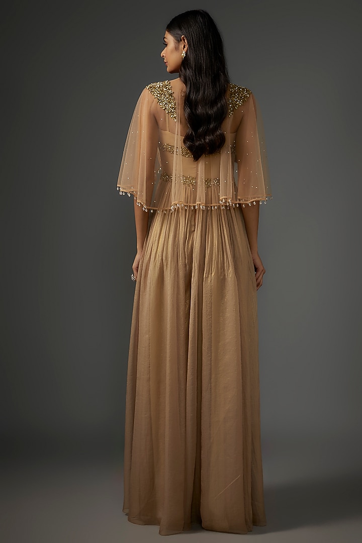 Gold Metallic Georgette Patchwork Jumpsuit With Cape by Rocky Star at Pernia's Pop Up Shop