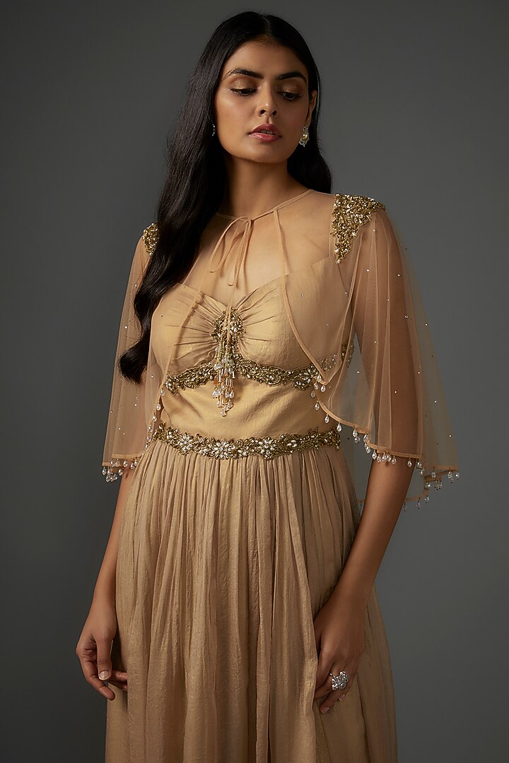 Gold Metallic Georgette Patchwork Jumpsuit With Cape by Rocky Star at Pernia's Pop Up Shop