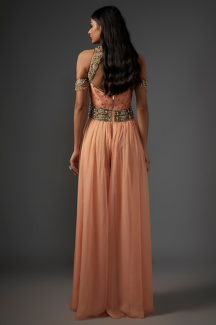 Peach Metallic Georgette Embroidered Jumpsuit by Rocky Star at Pernia's Pop Up Shop