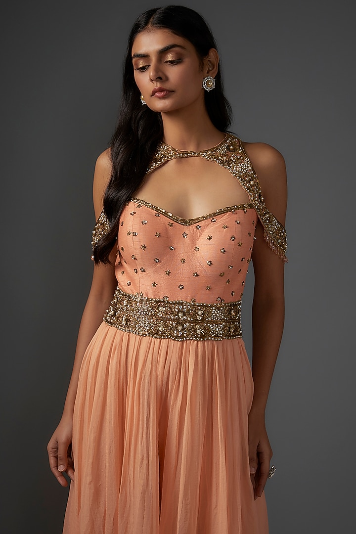 Peach Metallic Georgette Embroidered Jumpsuit by Rocky Star at Pernia's Pop Up Shop