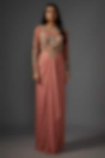 Pink Metallic Georgette Embroidered Draped Gown by Rocky Star at Pernia's Pop Up Shop