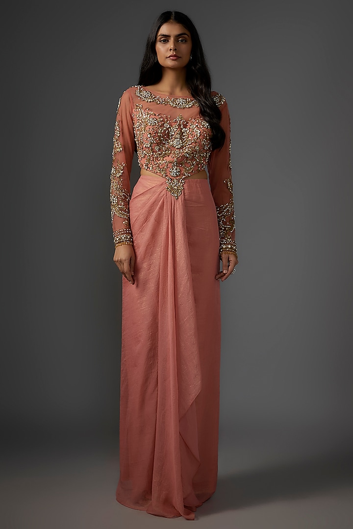 Pink Metallic Georgette Embroidered Draped Gown by Rocky Star at Pernia's Pop Up Shop