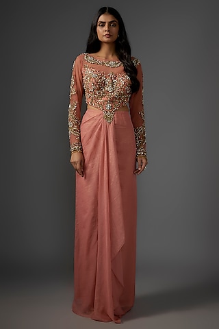 Pink Metallic Georgette Embroidered Draped Gown by Rocky Star