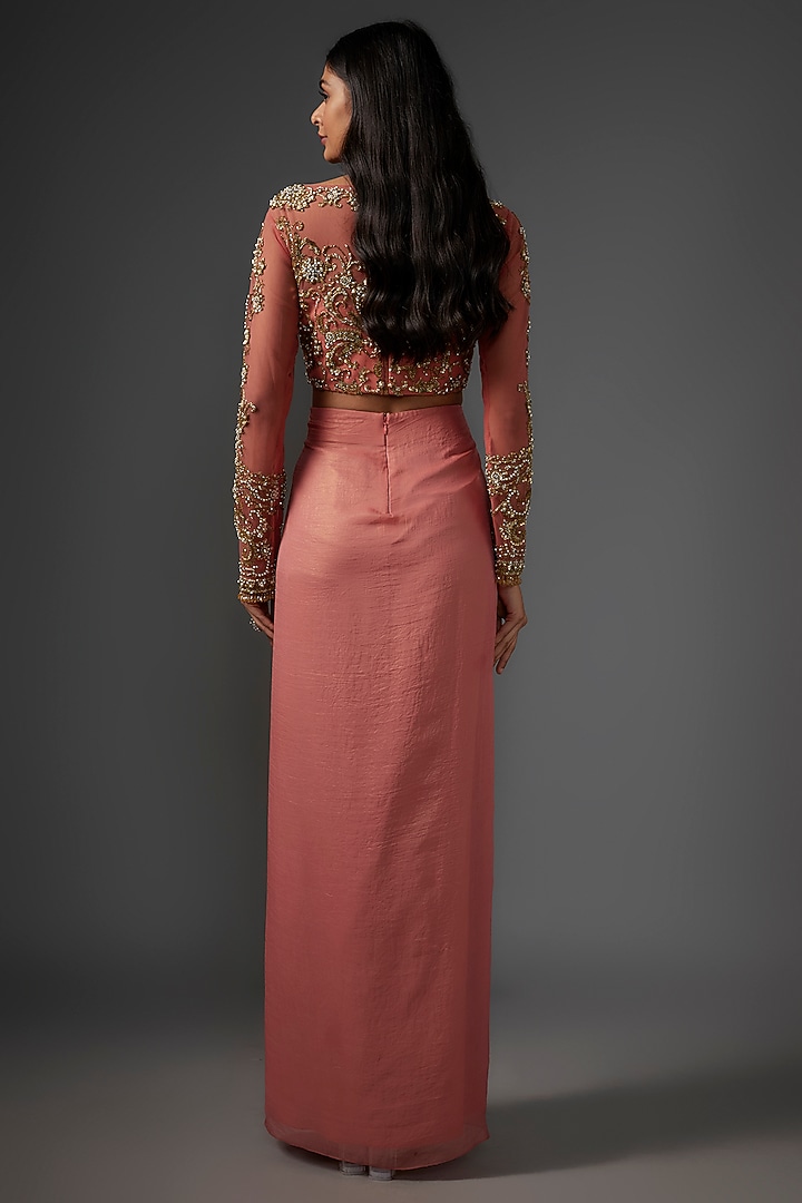 Pink Metallic Georgette Embroidered Draped Wedding Gown by Rocky Star at Pernia's Pop Up Shop