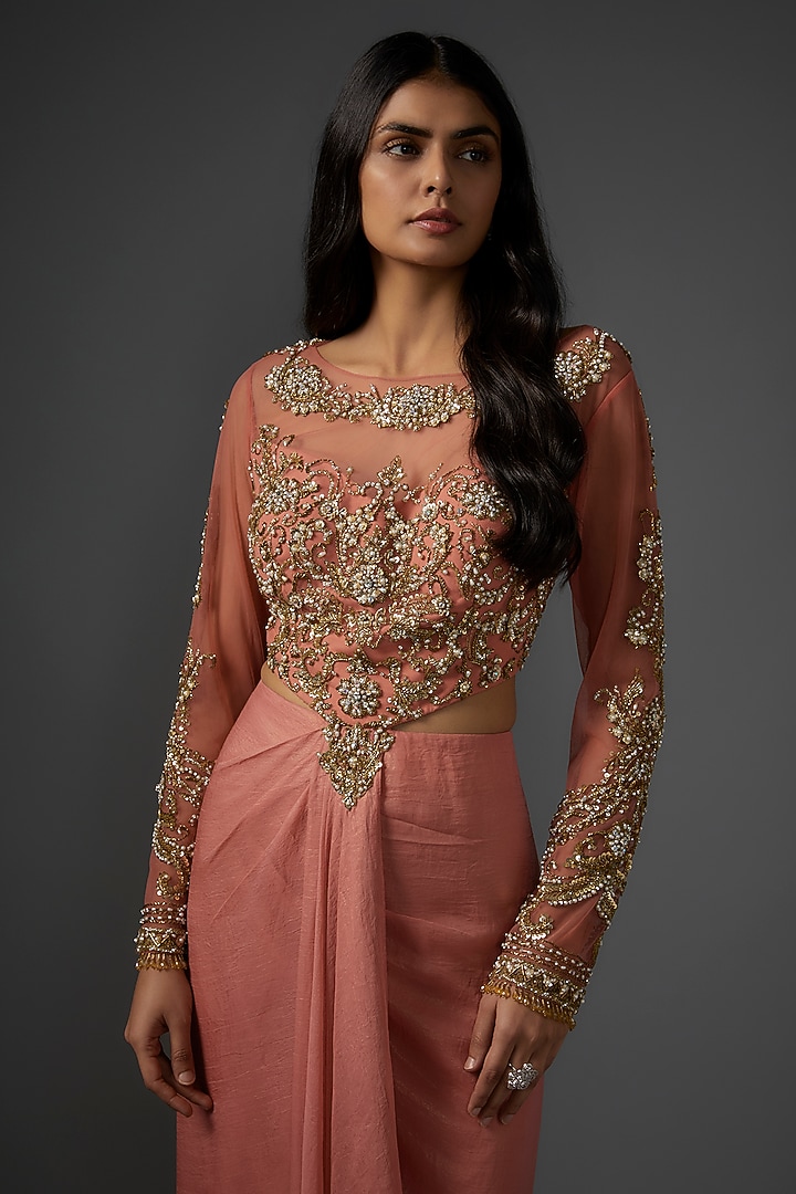 Pink Metallic Georgette Embroidered Draped Wedding Gown by Rocky Star at Pernia's Pop Up Shop
