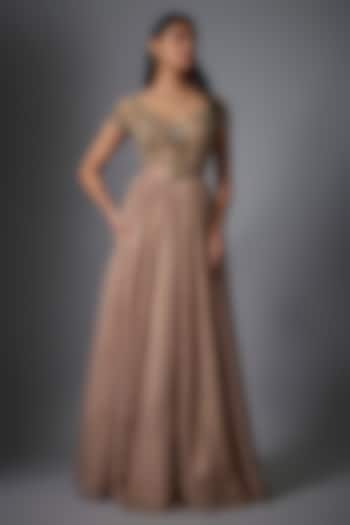 Nude Pink Metallic Georgette Hand Embroidered Gown by Rocky Star at Pernia's Pop Up Shop