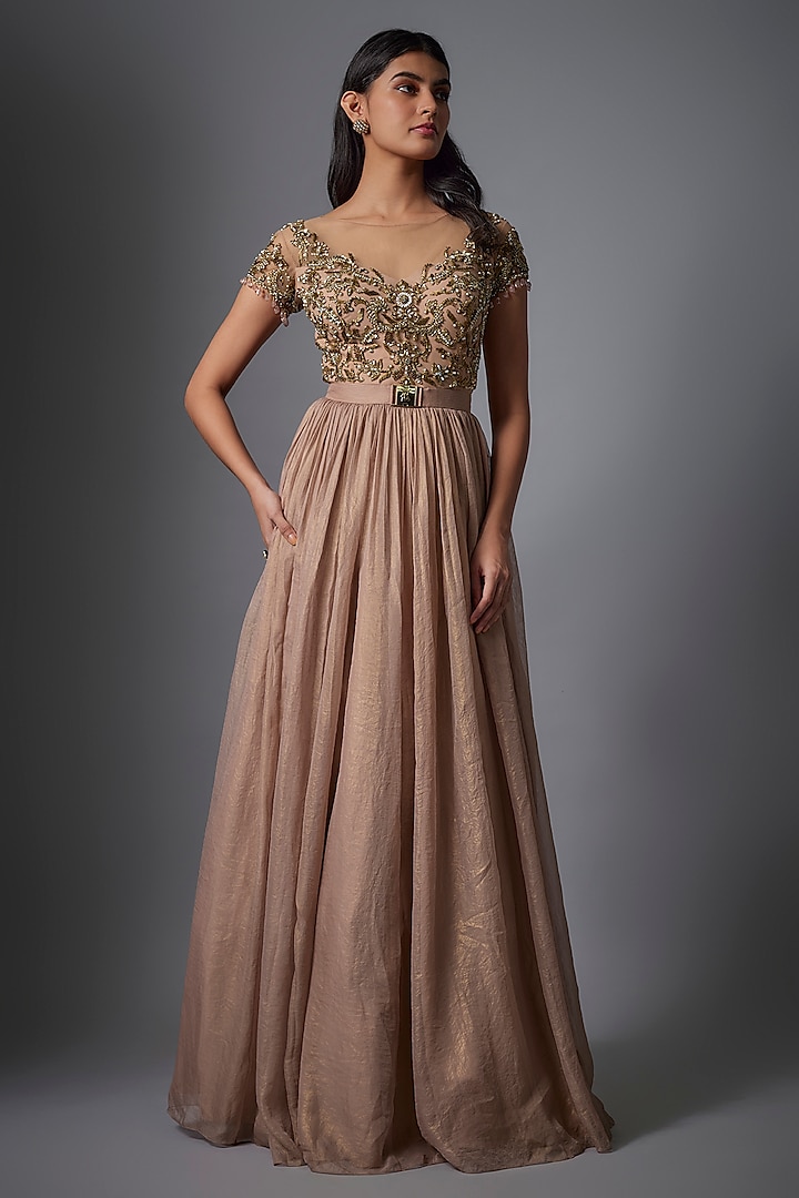 Nude Pink Metallic Georgette Hand Embroidered Gown by Rocky Star at Pernia's Pop Up Shop