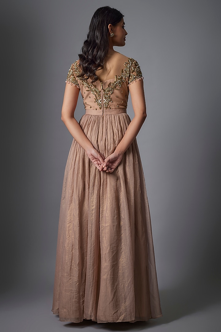 Nude Pink Metallic Georgette Hand Embroidered Wedding Gown by Rocky Star at Pernia's Pop Up Shop