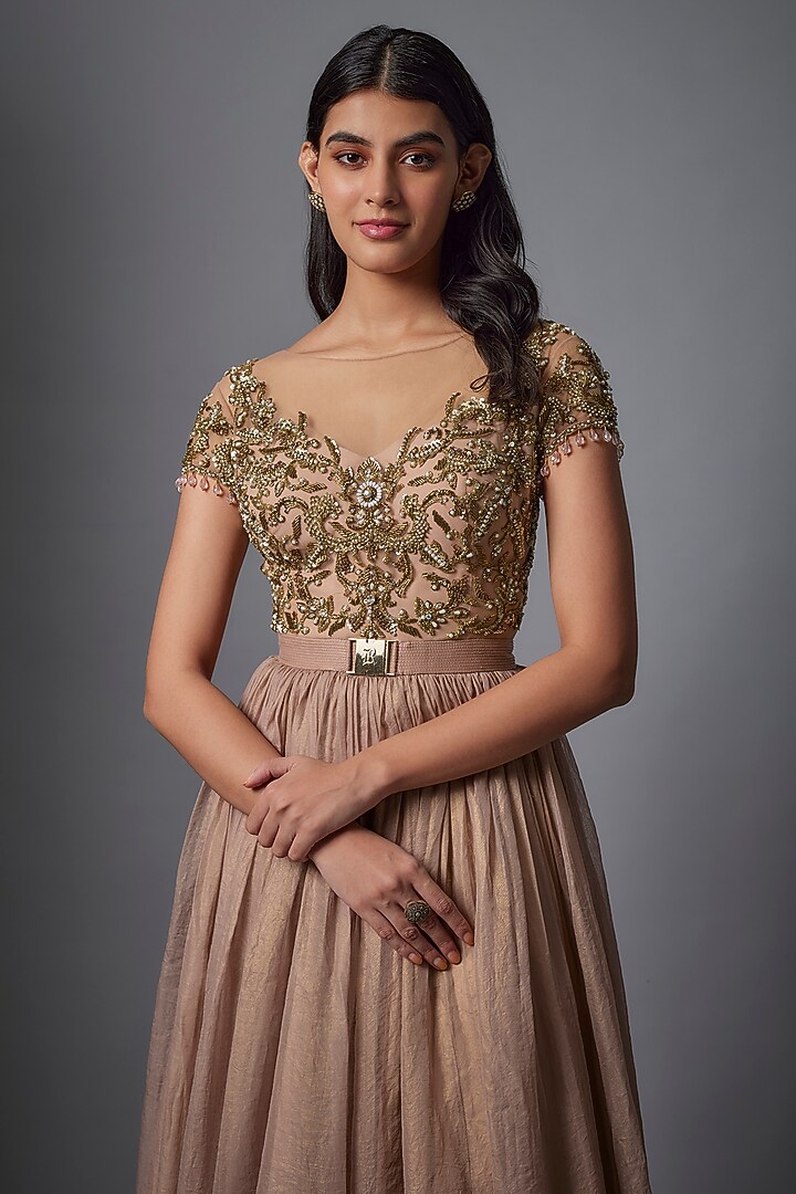 Nude Pink Metallic Georgette Hand Embroidered Wedding Gown by Rocky Star at Pernia's Pop Up Shop