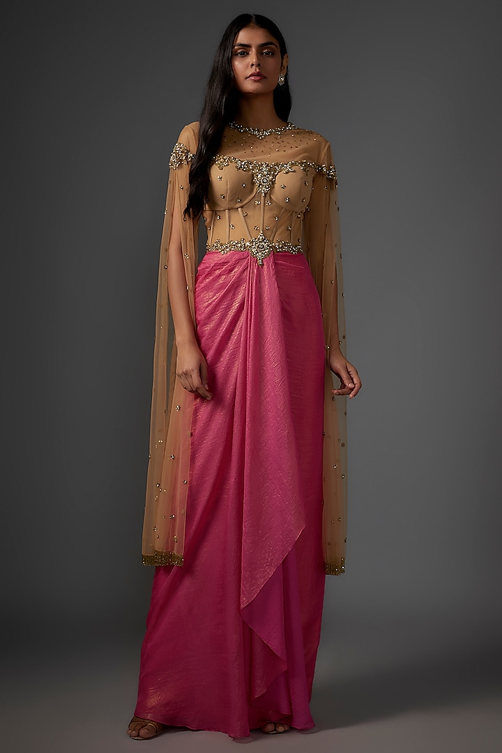 Gold & Hot Pink Metallic Georgette Embroidered Draped Gown by Rocky Star