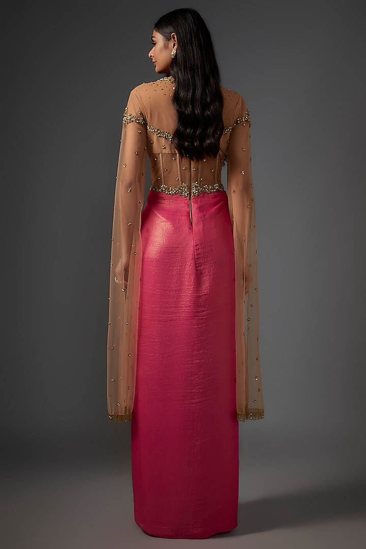 Gold & Hot Pink Metallic Georgette Embroidered Draped Wedding Gown by Rocky Star at Pernia's Pop Up Shop