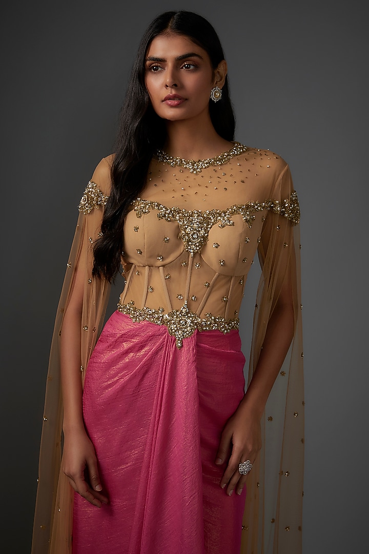 Gold & Hot Pink Metallic Georgette Embroidered Draped Wedding Gown by Rocky Star at Pernia's Pop Up Shop