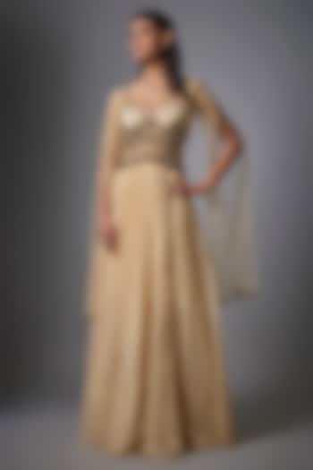 Beige Metallic Georgette Hand Embroidered Gown by Rocky Star at Pernia's Pop Up Shop