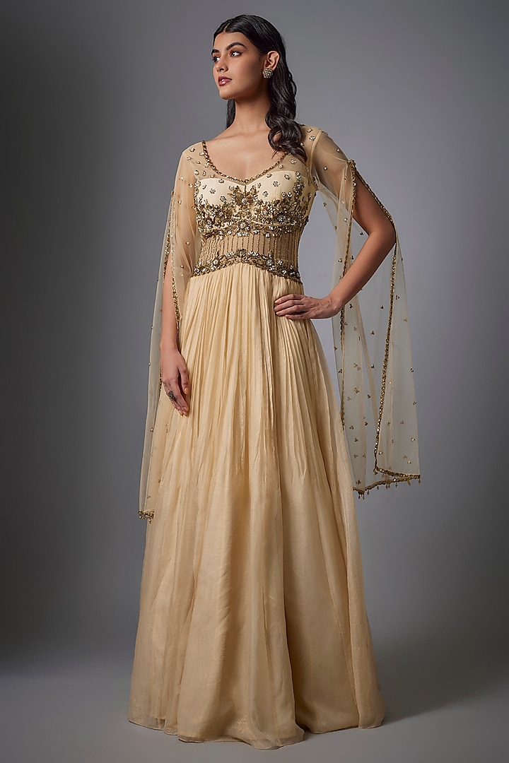 Beige Metallic Georgette Hand Embroidered Gown by Rocky Star at Pernia's Pop Up Shop