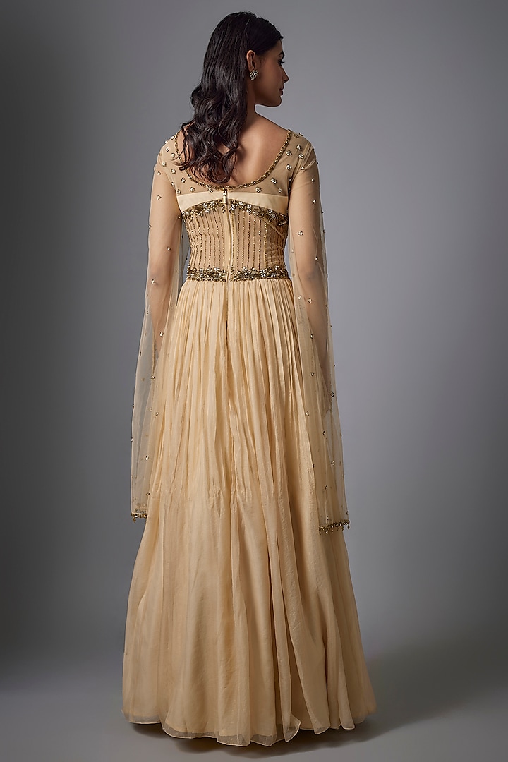 Beige Metallic Georgette Hand Embroidered Wedding Gown by Rocky Star at Pernia's Pop Up Shop