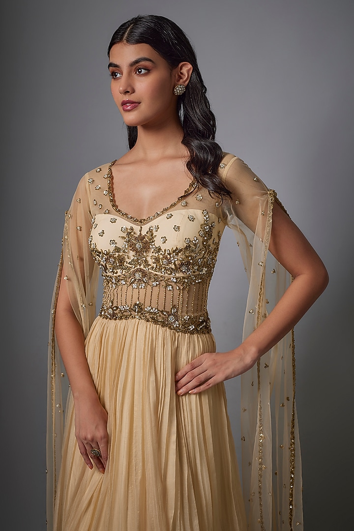 Beige Metallic Georgette Hand Embroidered Wedding Gown by Rocky Star at Pernia's Pop Up Shop