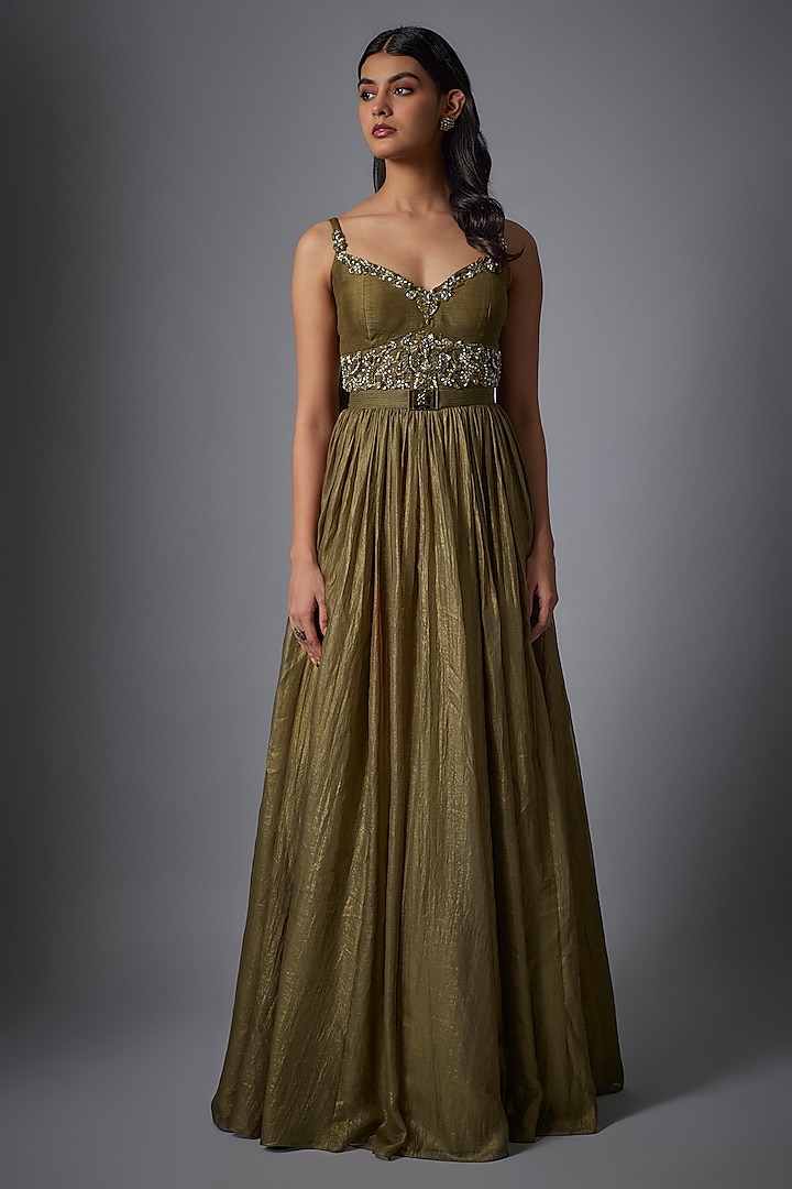 Olive Green Metallic Georgette Hand Embroidered Gown by Rocky Star at Pernia's Pop Up Shop