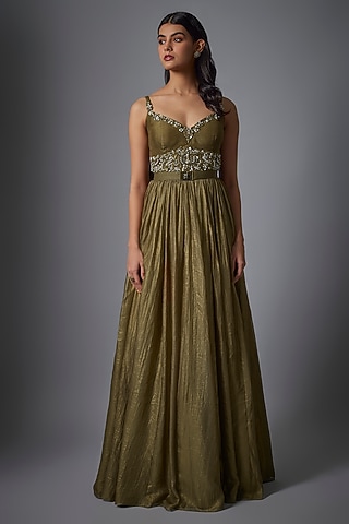 Olive Green Metallic Georgette Hand Embroidered Gown by Rocky Star