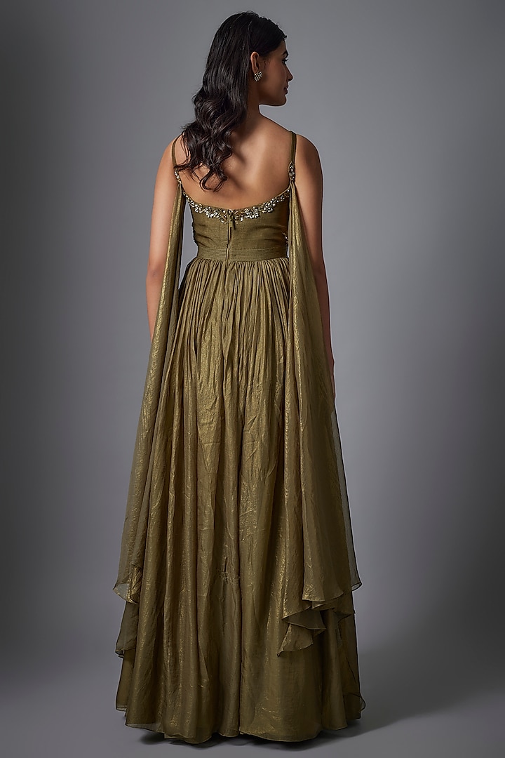 Olive Green Metallic Georgette Hand Embroidered Wedding Gown by Rocky Star at Pernia's Pop Up Shop
