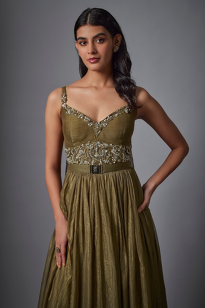 Olive Green Metallic Georgette Hand Embroidered Wedding Gown by Rocky Star at Pernia's Pop Up Shop
