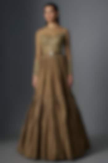 Mud Brown Raw Silk Gold Embroidered Gown by Rocky Star